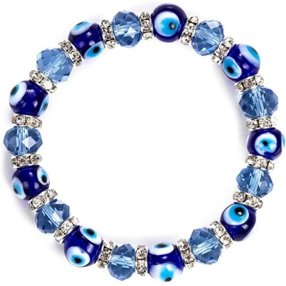 Evil Eye Bead Bracelet - Black Crystal Glass Beads with Gold Accents - Picture 5 of 7